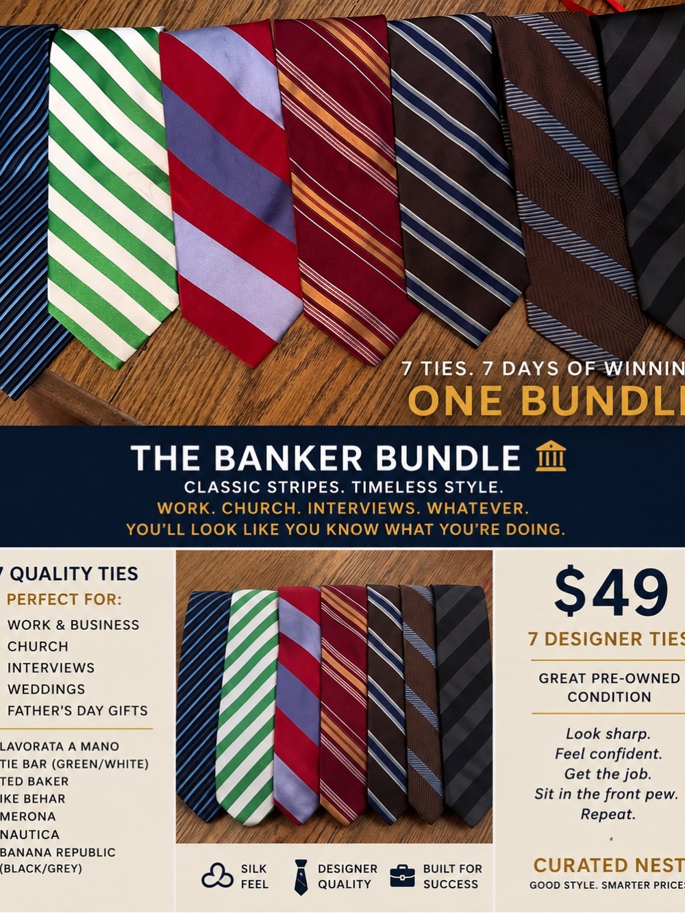 7 Designer Men’s Tie Bundle Ted Baker Ike Behar Nautica Tie Bar Business Church
